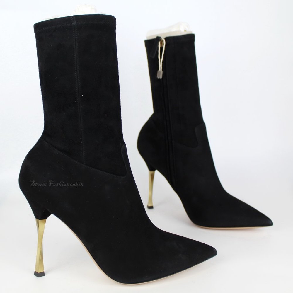 NEW Valentino Garavani Black Pointed Toe Stretch Suede Zip Sock Boots, EU 38.5